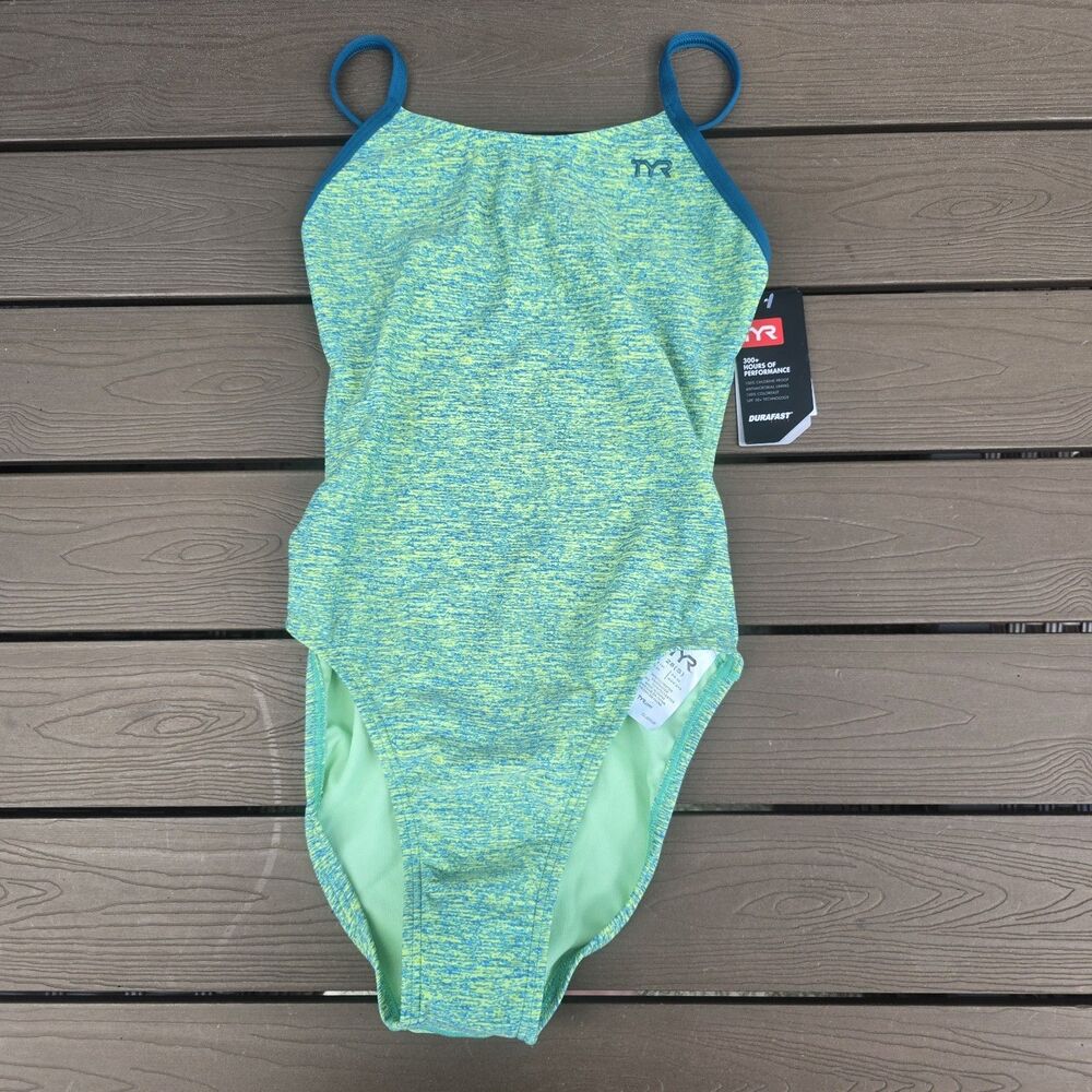 TYR Women's Durafast Green Lime Lapped Cutoutfit One Piece Swim Size 28 New
